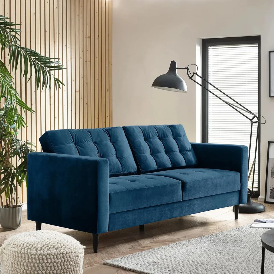 BOXED JOLENE 3 SEATER NAVY BLUE VELVET SOFA