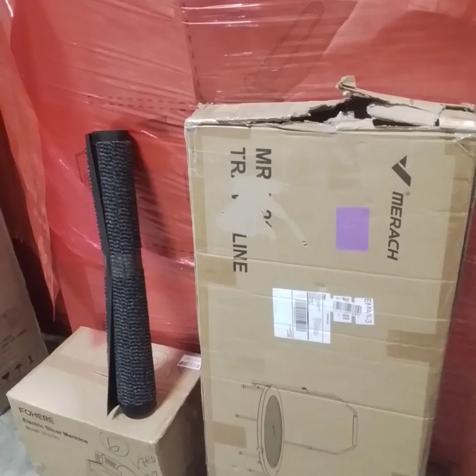 PALLET OF ASSORTED HOUSEHOLD GOODS AND PRODUCTS TO INCLUDE;TRAMPOLINE,CHAIR MAT,ELECTRIC SLICER MACHINE