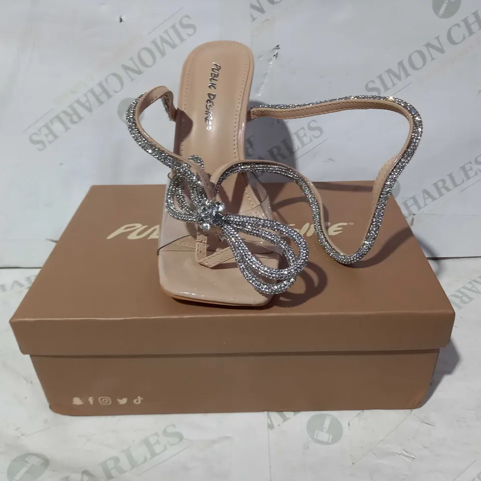 BOXED PAIR OF PUBLIC DESIRE HEELS IN NUDE COLOUR WITH JEWEL EFFECT UK SIZE 4