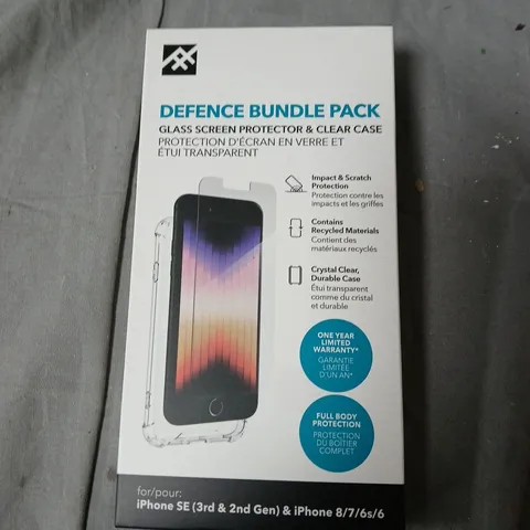 BOX OF APPROXIMATELY 60 DEFENCE BUNDLE PACK: GLASS SCREEN PROTECTOR & CLEAR CASE FOR IPHONE SE (3RD & 2ND GEN) AND IPHONE 8/7/6S/6 