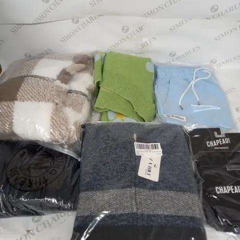 LARGE BOX OF ASSORTED CLOTHING ITEMS IN VARIOUS COLOURS AND SIZES INCLUDING TROUSERS , TOPS AND JUMPERS