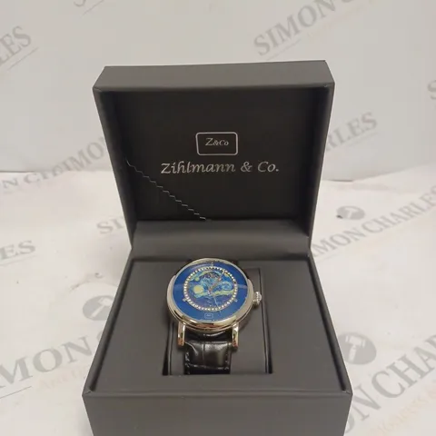 MENS ZIHLMANN & CO AUTOMATIC WATCH – Z150 – MOONPHASE DIAL – GLASS EXHIBITION BACKCASE - SILVER COLOUR CASE – BLACK LEATHER STRAP