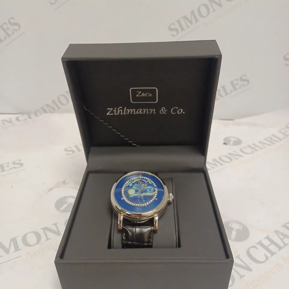 MENS ZIHLMANN & CO AUTOMATIC WATCH – Z150 – MOONPHASE DIAL – GLASS EXHIBITION BACKCASE - SILVER COLOUR CASE – BLACK LEATHER STRAP