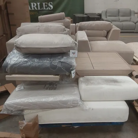 PALLET CONTAINING ASSORTED DESIGNER FURNITURE PARTS AND CUSHIONS ECT