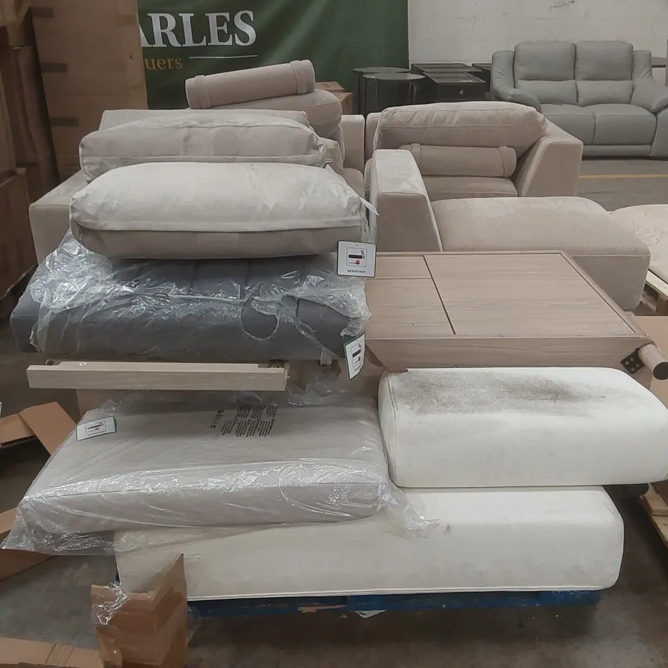 PALLET CONTAINING ASSORTED DESIGNER FURNITURE PARTS AND CUSHIONS ECT
