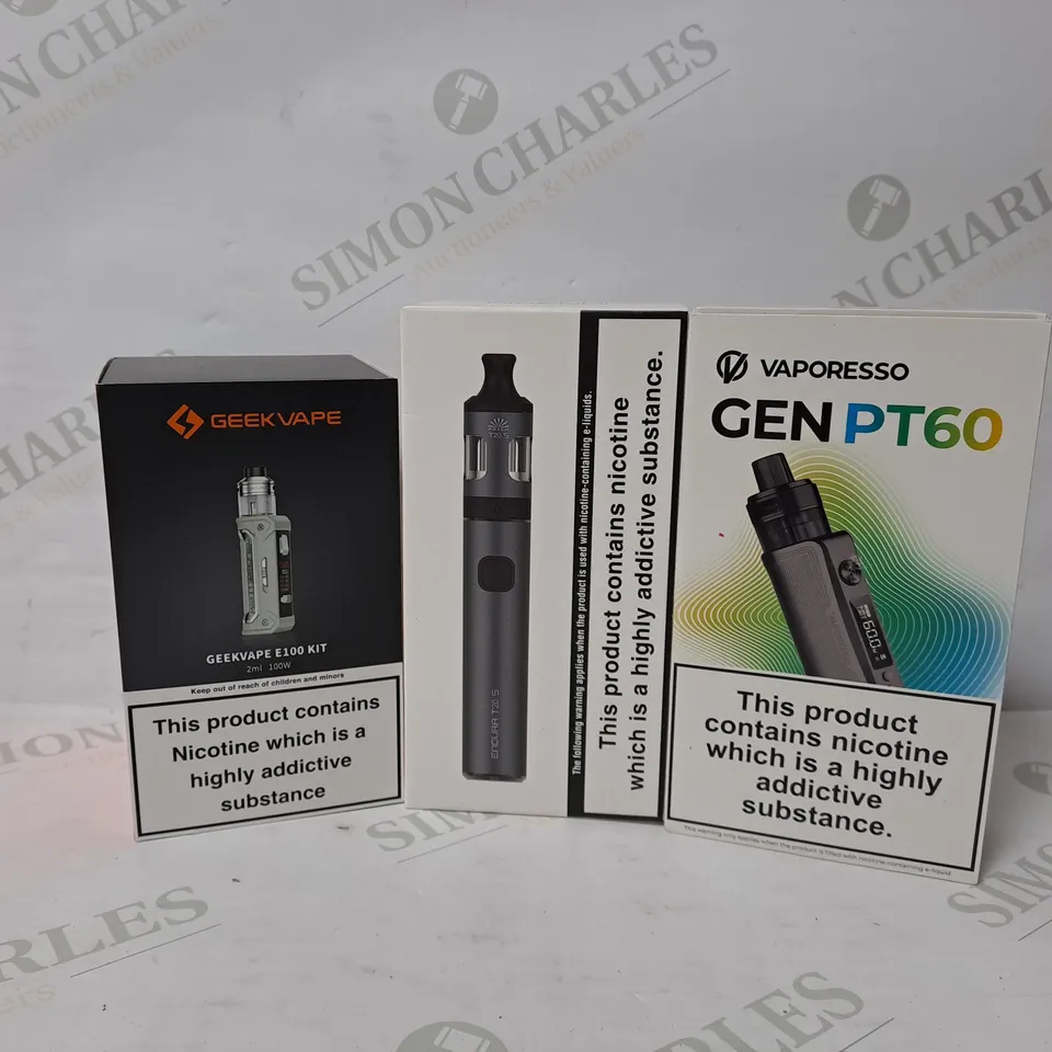 APPROXIMATELY 15 ASSORTED E-CIGARETTE PRODUCTS TO INCLUDE GEEKVAPE E100 KIT, INNOKIN ENDURA T20 S, VAPORESSO GEN PT60 