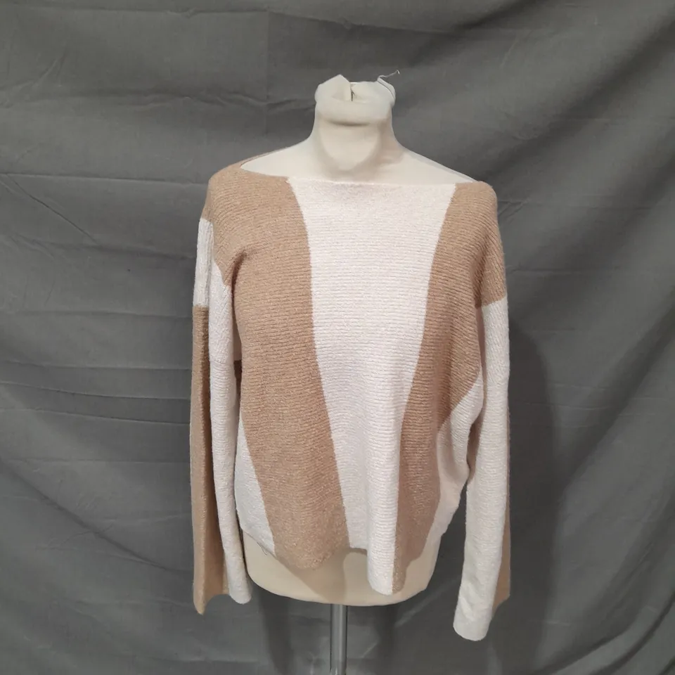 HUSH WOMEN'S EVERLEE OPEN NECK STRIPED KNITTED JUMPER - SOFT BROWN/WHITE // SIZE: S 