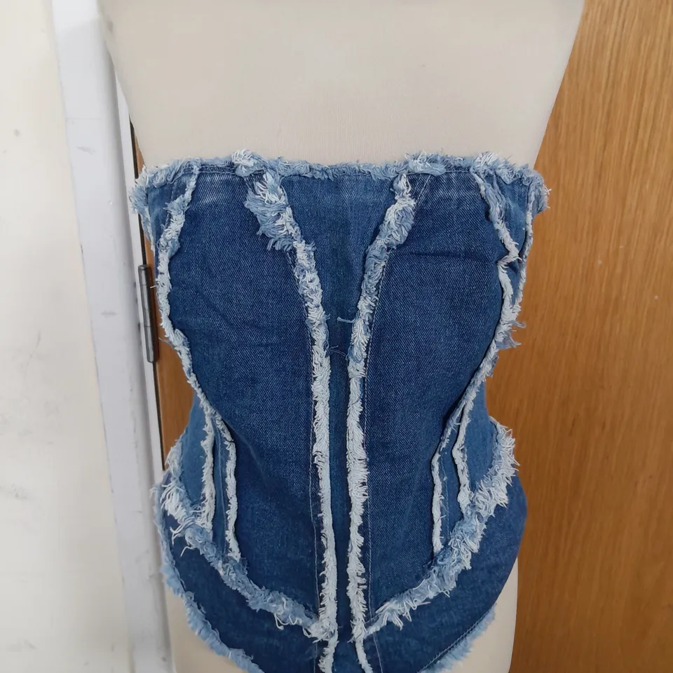 PLETTYLITTLETHING BLUE DENIM DISTRESSED SEAM STRAPLESS CORSET TOP SIZE 14