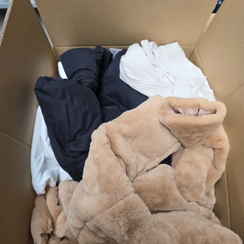 LARGE BOX OF ASSORTED CLOTHING ITEMS IN VARIOUS SIZES, STYLES AND COLOUR 