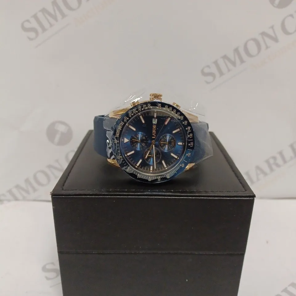 LATOR CALIBRE L2842 MENS CHRONOGRAPH WATCH - STAINLESS STEEL CASE - RUBBER STRAP - DISPLAY BOX 