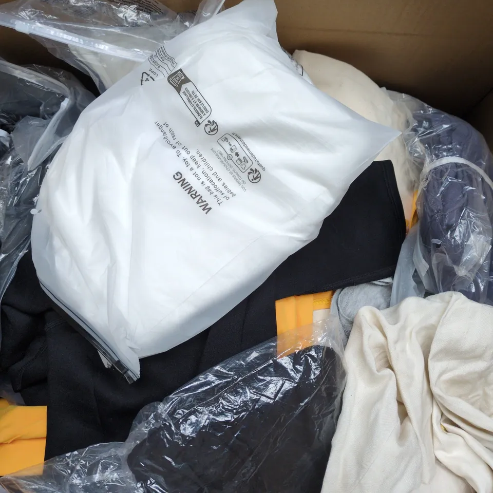 LARGE BOX OF APPROXIMATELY 25 ASSORTED CLOTHING ITEMS IN VARIOUS COLOURS, STYLES AND SIZES - COLLECTION ONLY