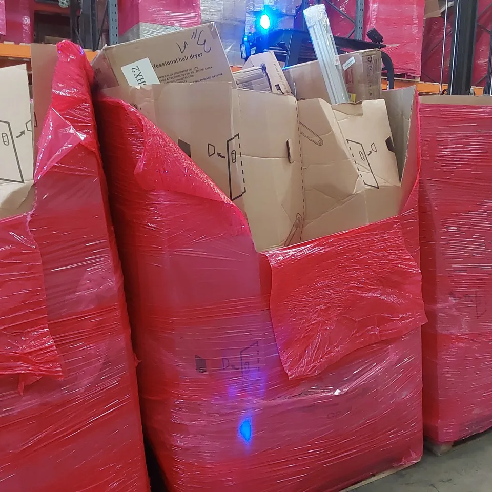 PALLET OF ASSORTED ITEMS INCLUDING: PROFESSIONAL HAIR DRYER, DESK, SWING SET, HEATED BLANKET, BLINDS ECT