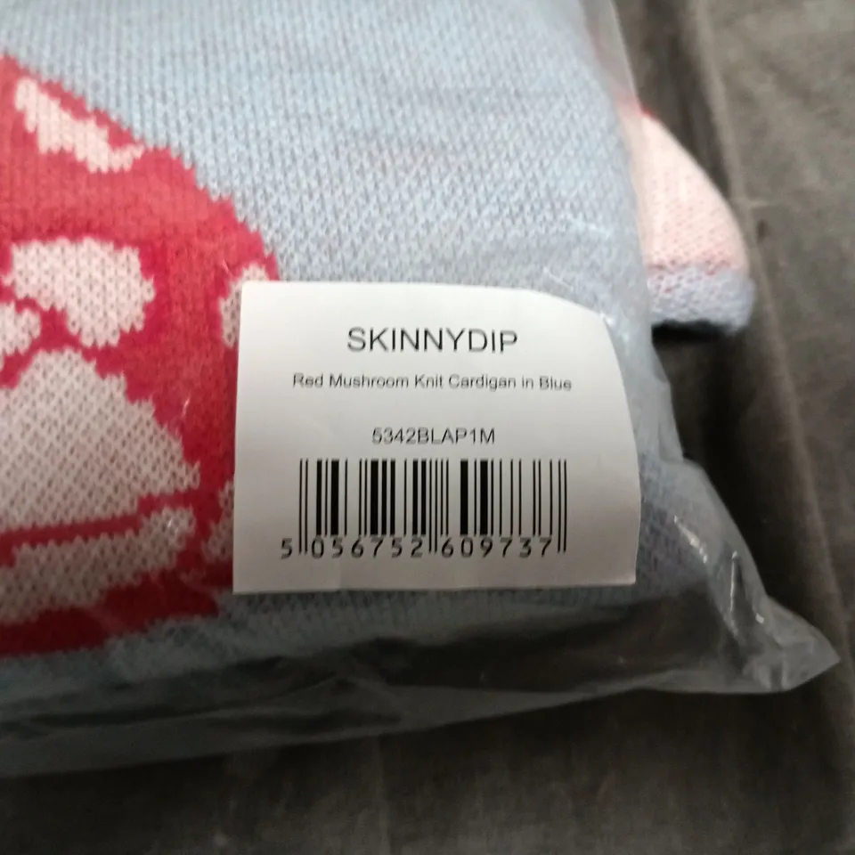 SKINNYDIP RED MUSHROOM KNIT CARDIGAN IN BLUE – WOMEN’S KNITWEAR - MEDIUM