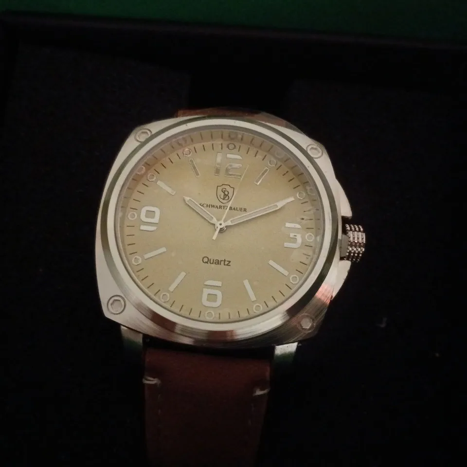 BOXED SCHWARTZBAUER QUARTZ WRISTWATCH WITH BROWN LEATHER STRAP