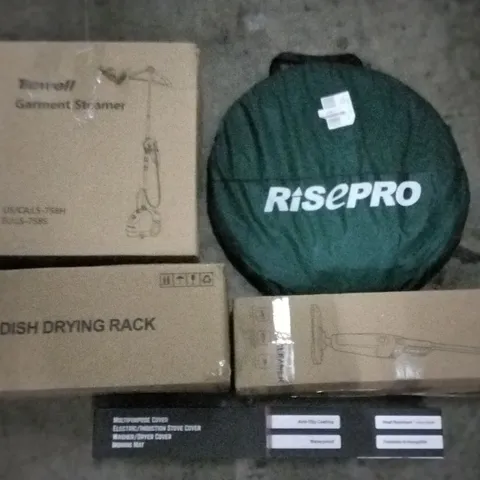 PALLET OF ASSORTED ITEMS INCLUDING GARMENT STEAMER, POP UP TENT, DISH DRYING RACK, MULTIPURPOSE COVER, STICK VACUUM CLEANER 