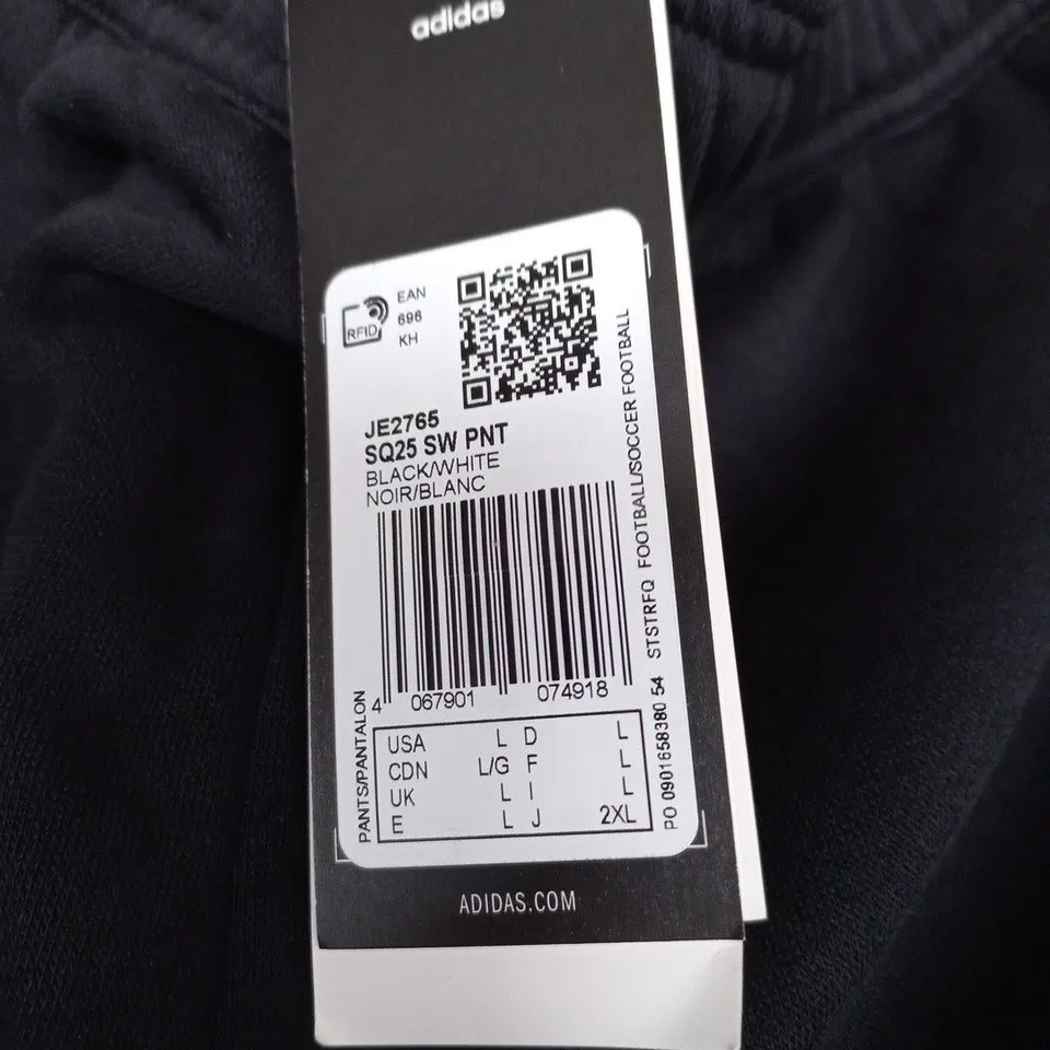 ADIDAS TRACK PANTS – BLACK WITH WHITE SIDE STRIPES, UK L (USA L)