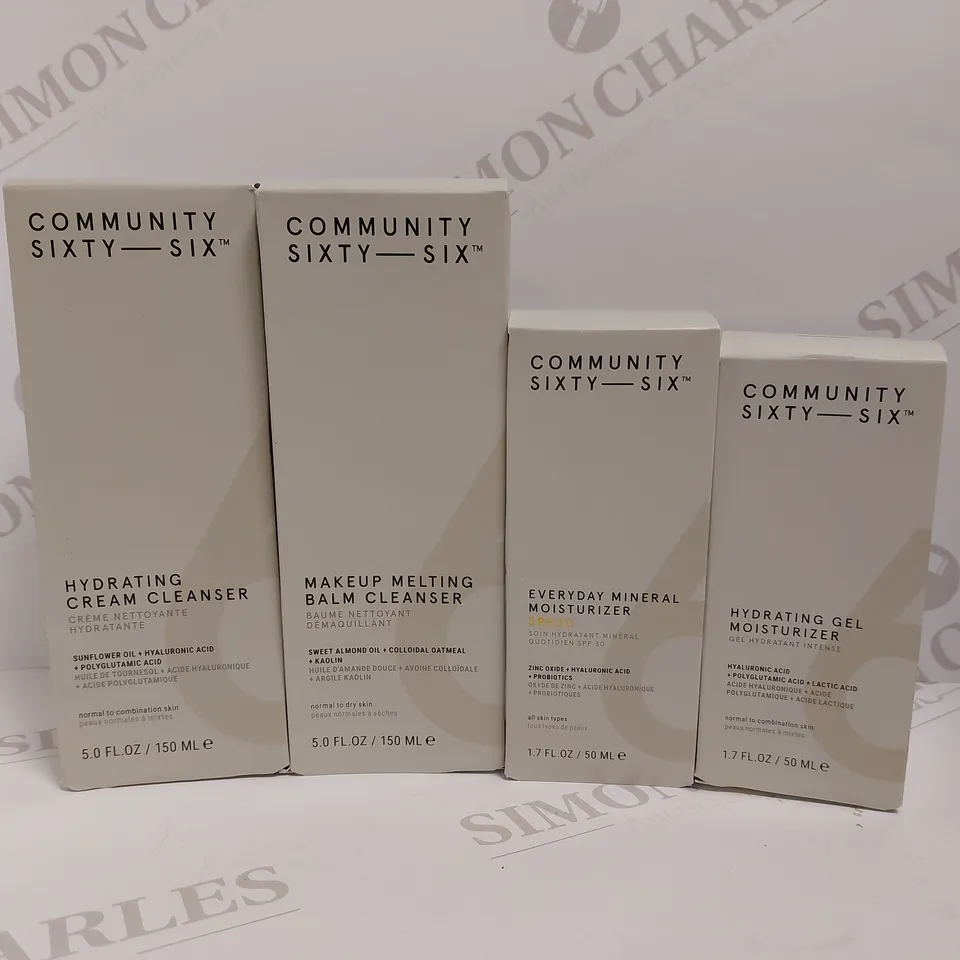 LOT OF 4 ASSORTED COMMUNITY SIXTY SIX PRODUCTS TO INCLUDE HYDRATING CREAM CLEANSER 150ML, EVERYDAY MINERAL MOISTURIZER 50ML, HYDRATING GEL MOISTURIZER 50ML, ETC