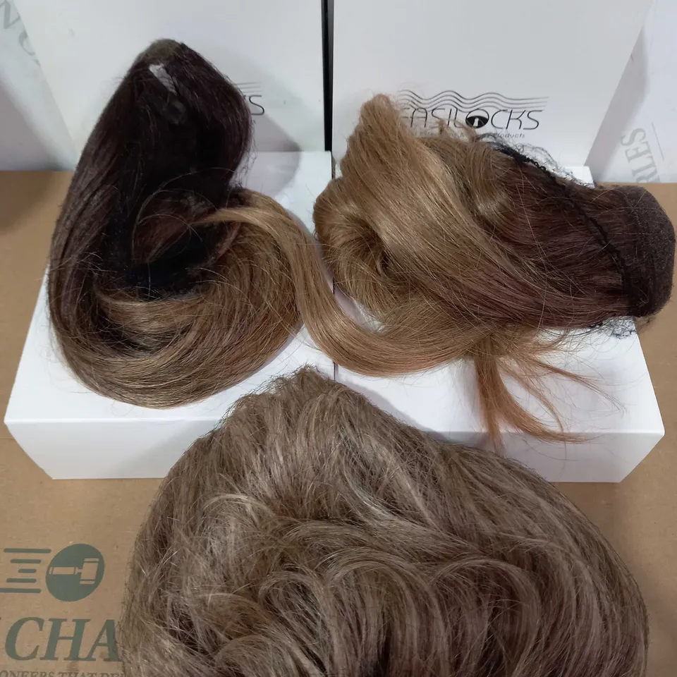EASILOCKS HAIR BUNDLE OF 5 BOXES: LIGHTEST BROWN OMBRE - 1 EACH OF: SCRUNCHIE, 12" PONYTAIL, 16" PONYTAIL, FRINGE AND KATIE WIG KATIE WIG