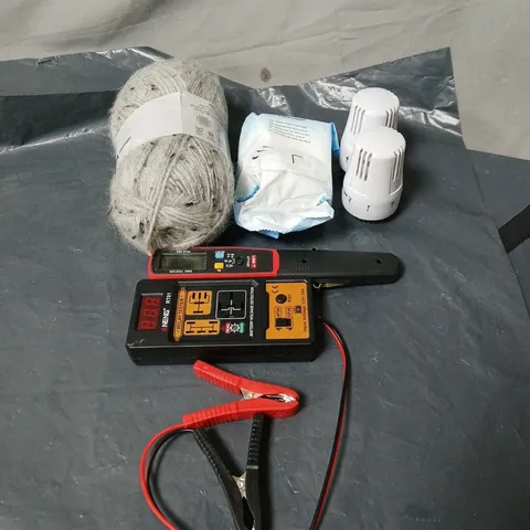 APPROXIMATELY 25 ASSORTED ITEMS TO INCLUDE TWEED ARAN WOOL, TOOLS, RADIATOR PARTS, WATER FILTER CARTRIDGE ETC