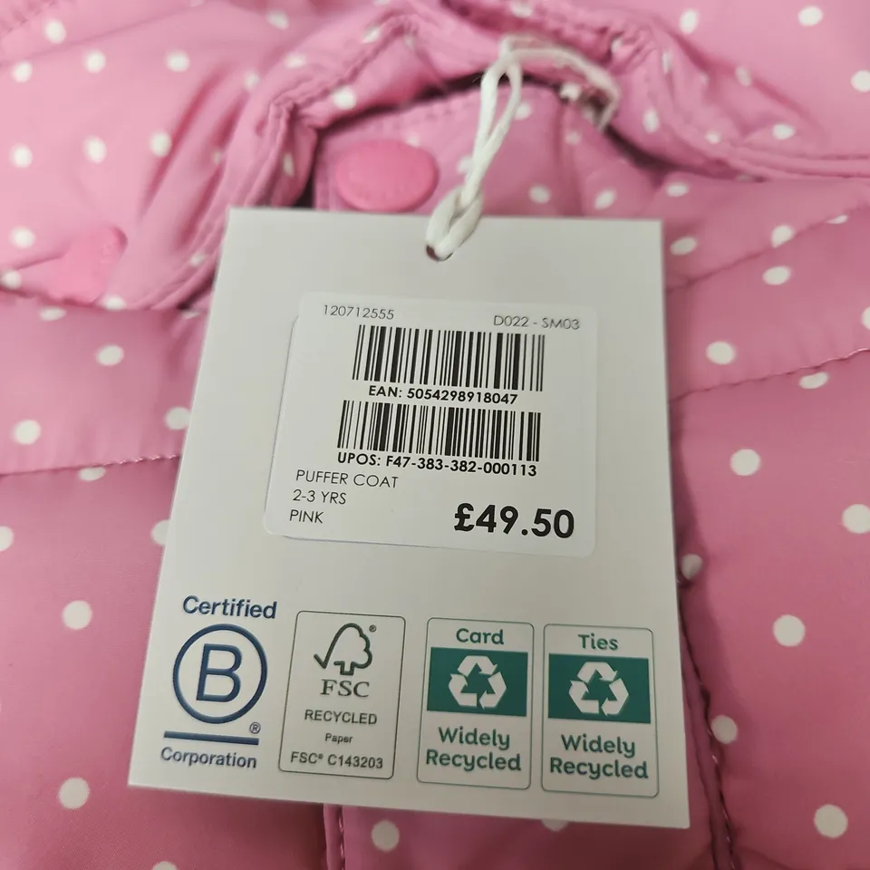JOJO PINK UNICORN PUFFER COAT, KID'S, UK 2-3 YEARS