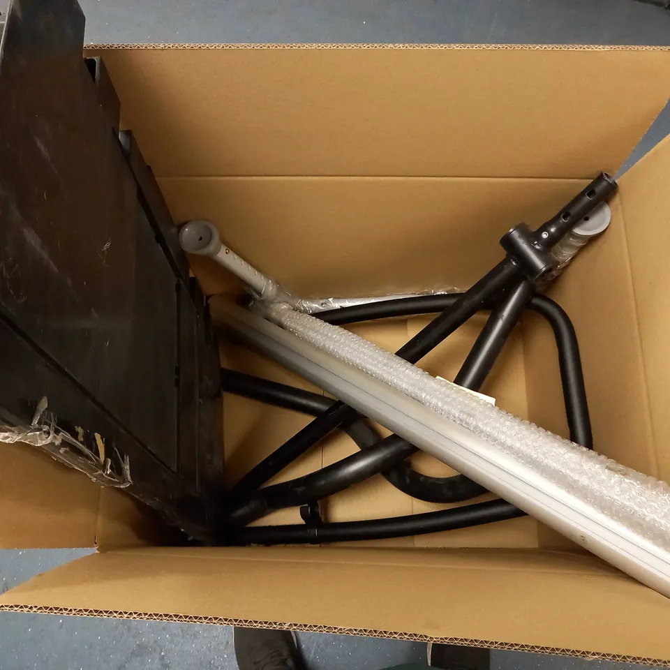 BOX OF APPROX 10 VARIOUS SPARE PARTS TO INCLUDE VERY USEFUL STORAGE BOX (NO LID), SPARE LEGS FOR EGG CHAIR (BLACK)