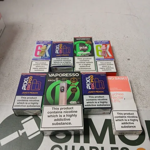 APPROXIMATELY 20 ASSORTED E-CIGARETTE & VAPING ITEMS IN VARIOUS BRANDS TO INCLUDE LOST MARY, VAPORESSO, PIXL ETC 