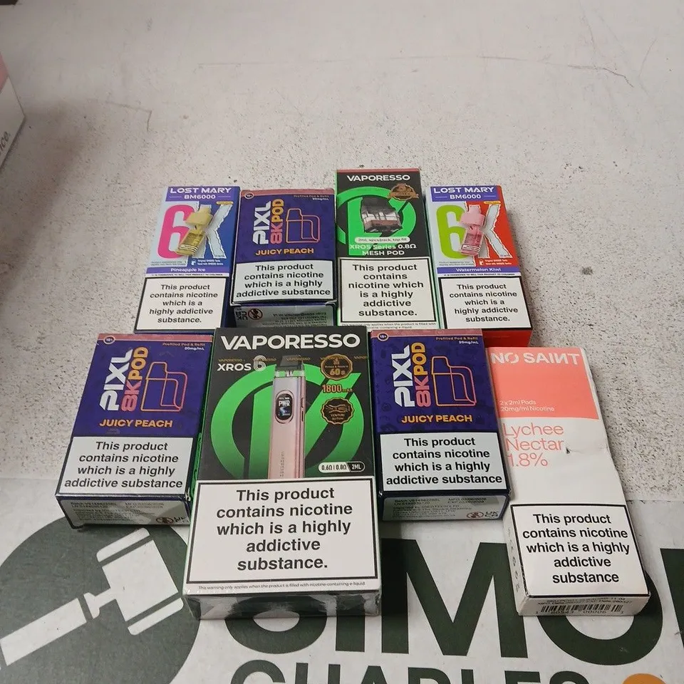APPROXIMATELY 20 ASSORTED E-CIGARETTE & VAPING ITEMS IN VARIOUS BRANDS TO INCLUDE LOST MARY, VAPORESSO, PIXL ETC 