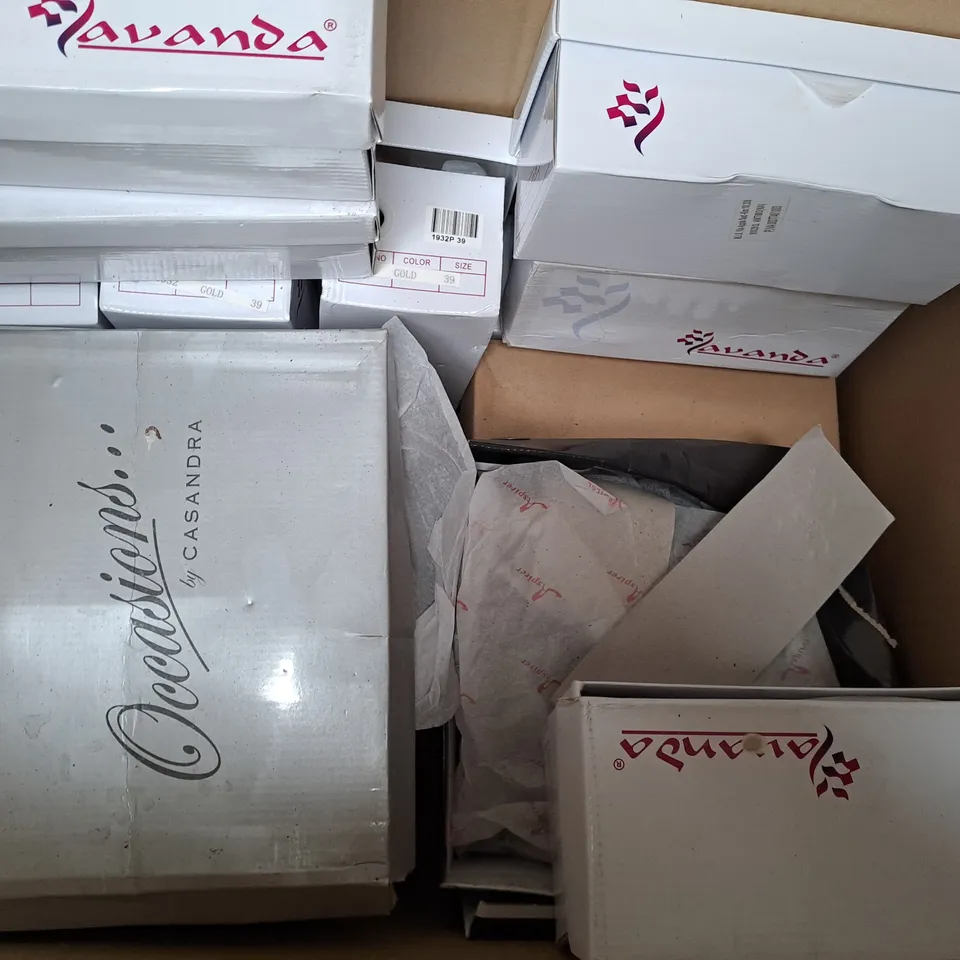BOX OF APPROXIMATELY 10 ASSORTED PAIRS OF SHOES IN VARIOUS COLOURS, STYLES, AND SIZES