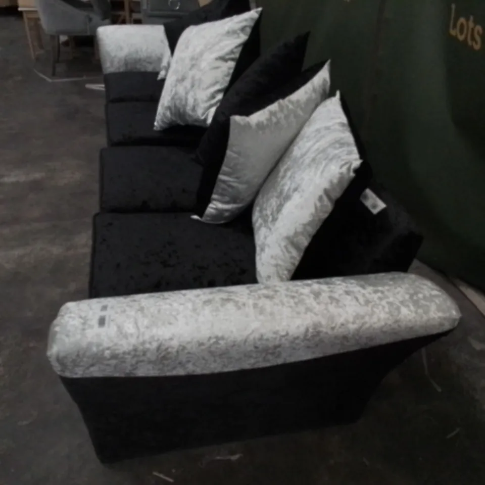 DESIGNER SILVER AND BLACK FABRIC FOUR SEATER SOFA WITH SCATTER BACK CUSHIONS