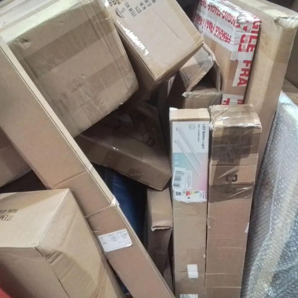 PALLET CONTAINING VARIOUS ASSORTED BOXED HOUSEHOLD ITEMS TO INCLUDE: SMART LIGHT, RETRACTABLE SAFETY GATE, SHOWER SYSTEM, POP UP TENT AND LOTS MORE UNMARKED BOXED ITEMS 