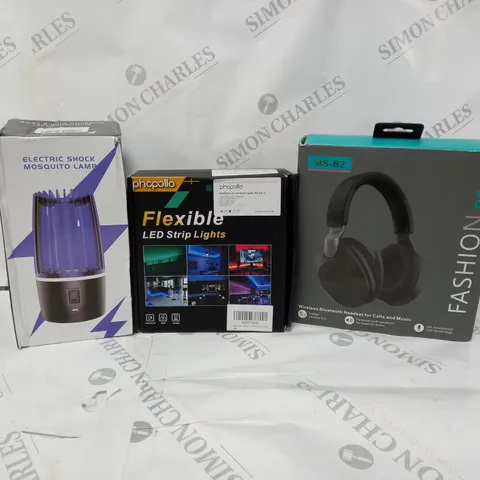 APPROXIMATELY 20 ASSORTED ITEMS TO INCLUDE BLUETOOTH HEADSET, ELECTRIC SHOCK MOSQUITO LAMP, FLEXIBLE LED STRIP LIGHTS ETC.