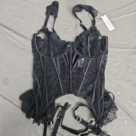 LOUNGE LACE BASQUE CORSET WITH GARTER STRAPS – BLACK – UK M