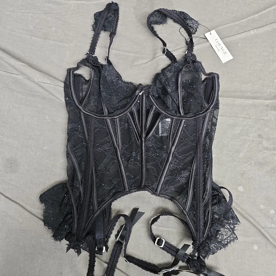 LOUNGE LACE BASQUE CORSET WITH GARTER STRAPS – BLACK – UK M