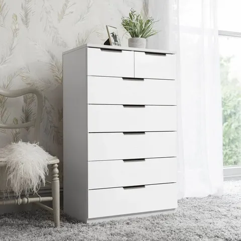 BOXED GLENHAVEN 7 DRAWER 60CM W TALLBOY CHEST - PURE WHITE (1 BOX)