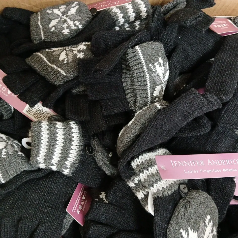 BOX OF APPROXIMATELY 50 PAIRS OF JENNIFER ANDERSON WOMEN'S FINGERLESS MITTENS IN BLACK/GREY/WHITE