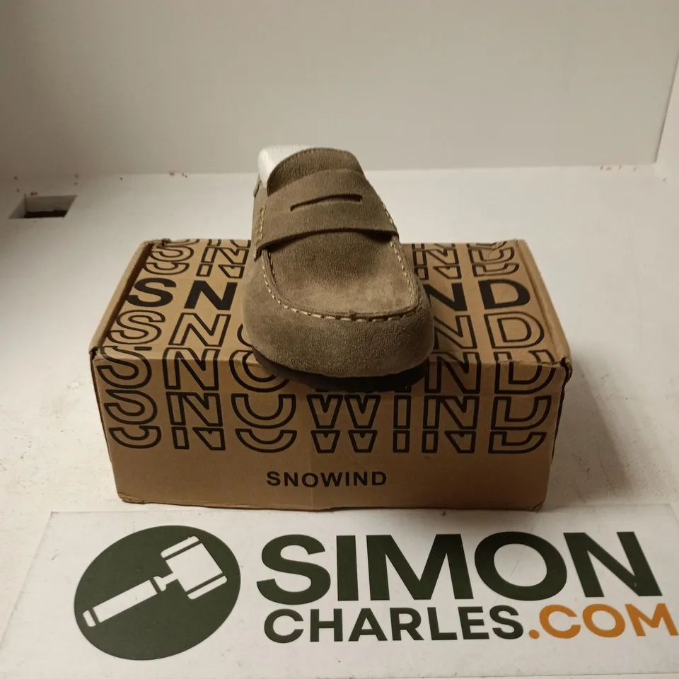 BOXED PAIR OF SNOWIND SUEDE CLOGS IN TAUPE - SIZE 36