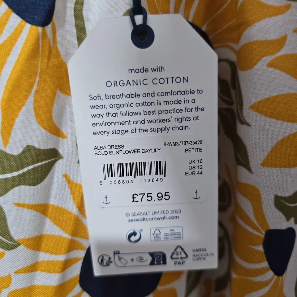 SEASALT ALBA DRESS – BOLD SUNFLOWER DAYLILY, PETITE, UK 16 (US 12, EUR 44)