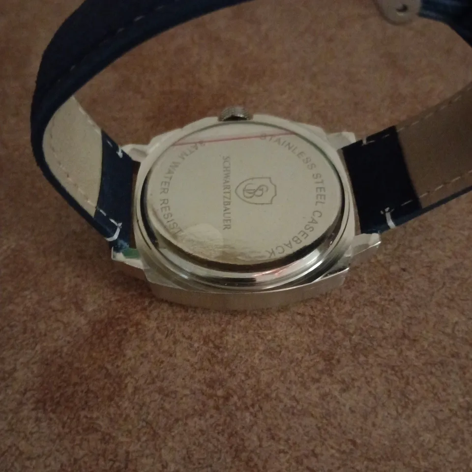 BOXED SCHWARTZBAUER QUARTZ WRISTWATCH – STAINLESS STEEL CASE, NAVY BLUE DIAL & LEATHER STRAP