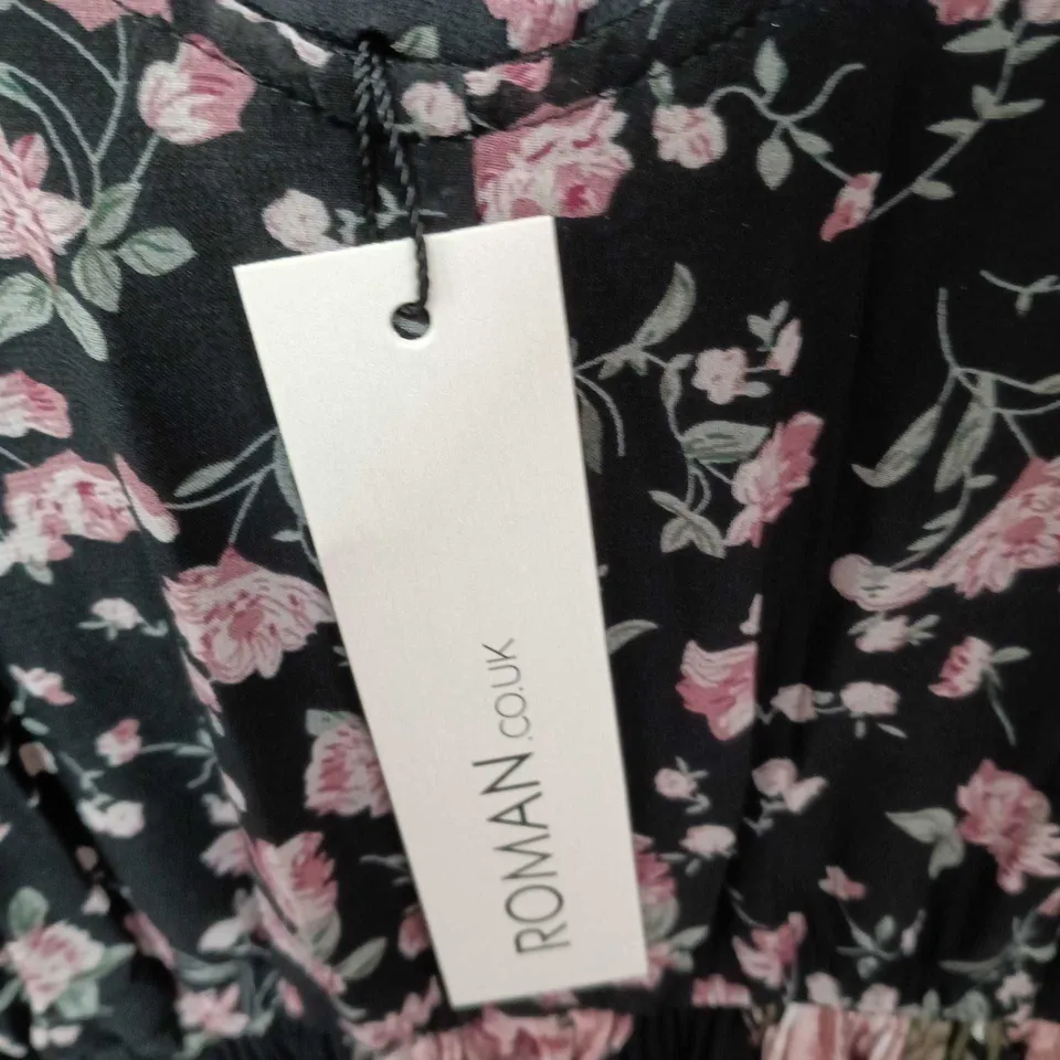 ROMAN FLORAL MIDI DRESS – WOMEN'S UK SIZE 12, BLACK WITH PINK FLOWERS