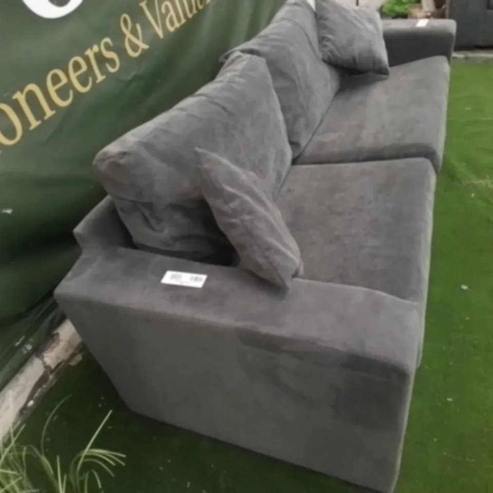DESIGNER GREY FABRIC THREE SEATER SOFA WITH SIDE CUSHIONS