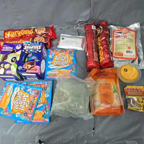 APPROXIMATELY 10 ASSORTED FOOD ITEMS TO INCLUDE MARYLAND COOKIES, SMARTIES EGG, AND ANGEL DELIGHT PACKS ETC.