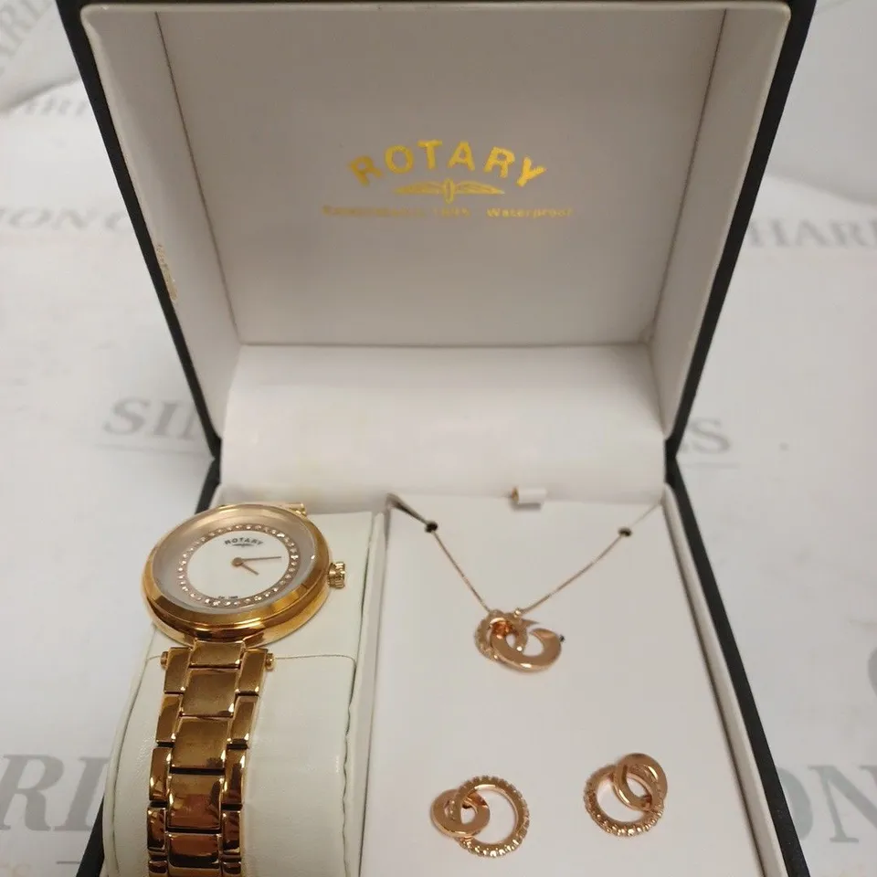 BOXED ROTARY LADIES WATCH AND JEWELLERY SET IN ROSE GOLD - WATCH, EARRINGS AND NECKLACE