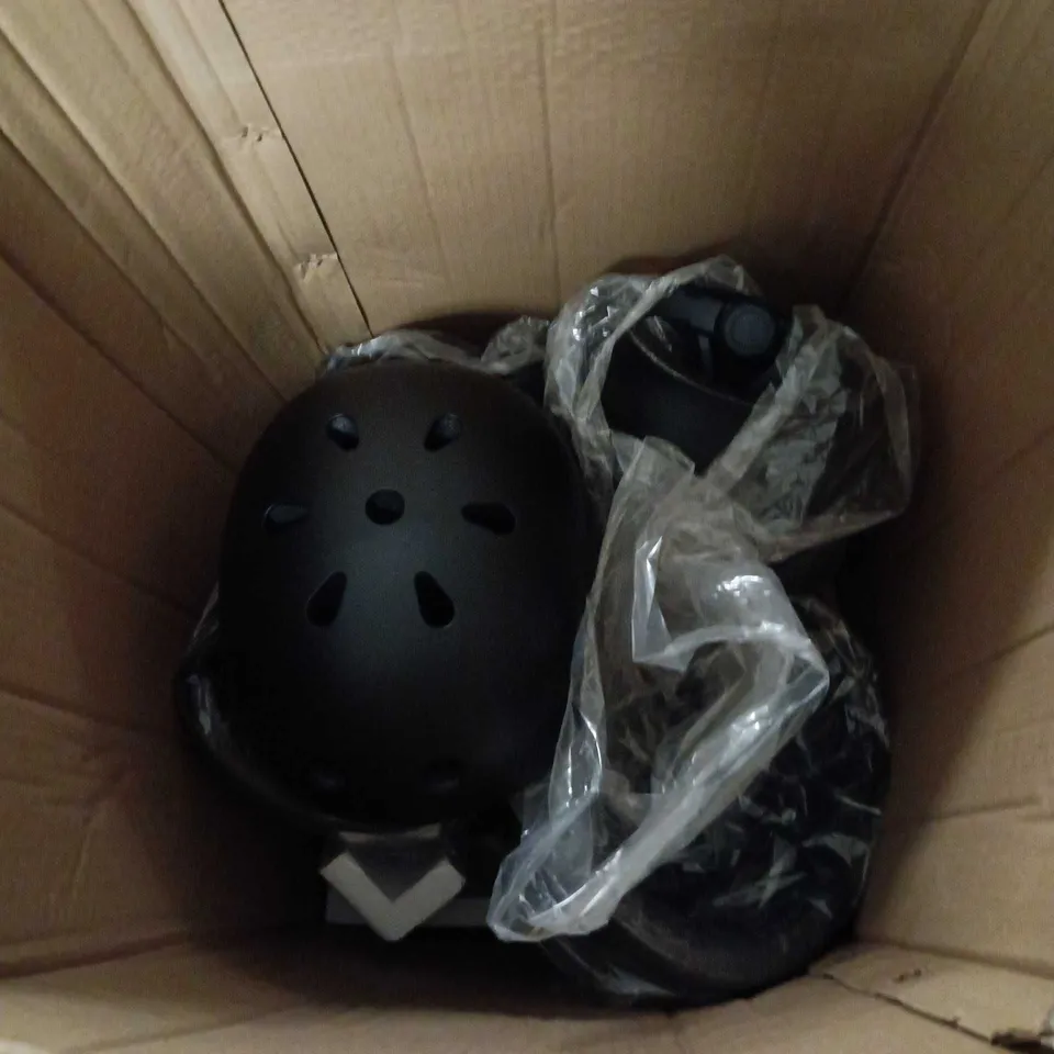 BOX OF APPROXIMATELY 6 MATTE BLACK CYCLING HELMET WITH INTERNAL PADDING AND ADJUSTABLE STRAP