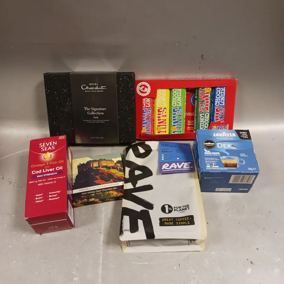 APPROXIMATELY 15 ASSORTED FOOD/DRINK PRODUCTS TO INCLUDE RAVE COFFEE, TONY'S CHOCOLATES, COD LIVER OIL ETC