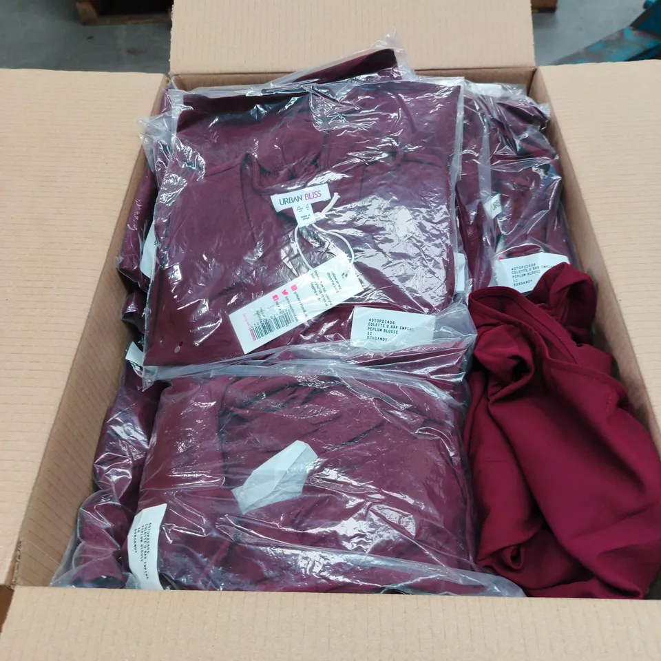 BOX OF APPROXIMATELY 80 URBAN BLISS RED RUCHED V-NECK BLOUSE WITH PEPLUM HEM – WOMEN'S TOP - SIZES 8 / 10 / 12 / 14 /16