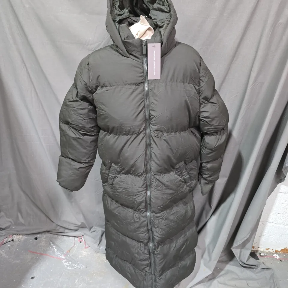 FRENCH CONNECTION KHAKI LONG HOODED PUFFER COAT – SIZE UK M