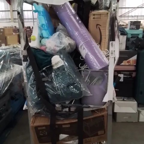 CAGE OF ASSORTED HOUSEHOLD GOODS AND PRODUCTS TO INCLUDE;PLAYPEN,DUMBBELL,SUITCASE,YOGA MATS 