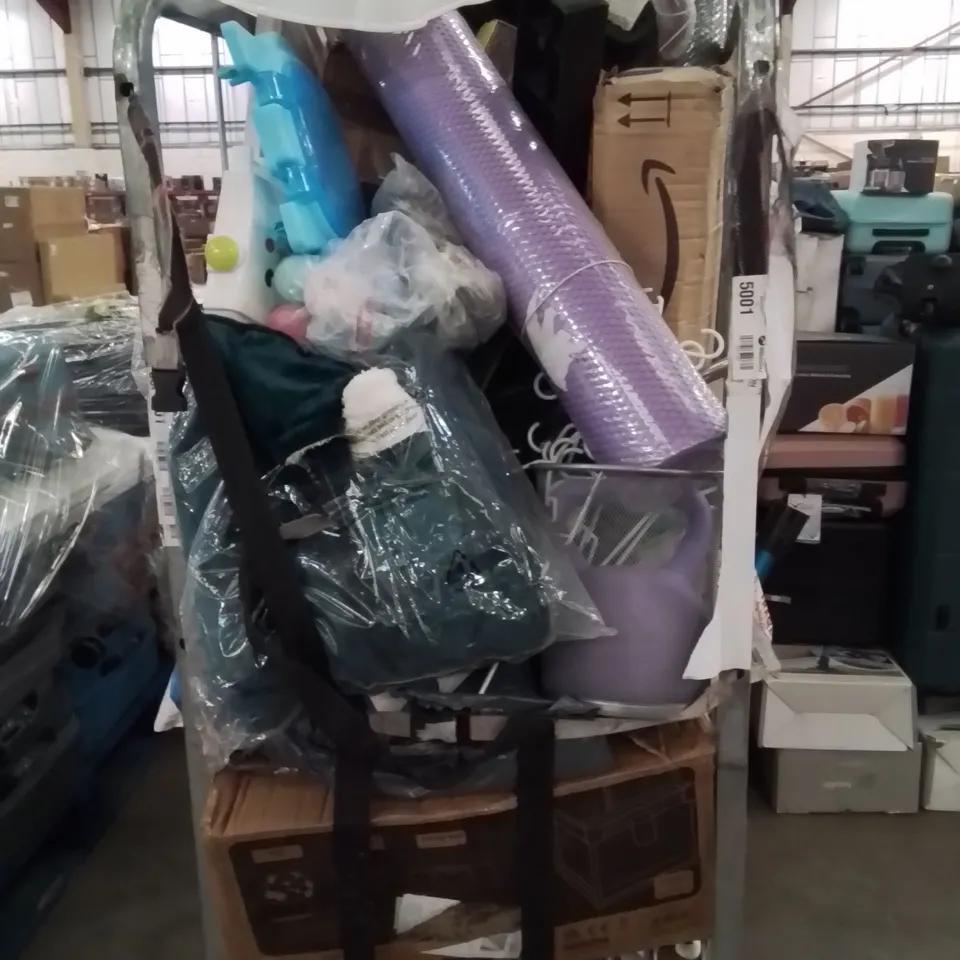 CAGE OF ASSORTED HOUSEHOLD GOODS AND PRODUCTS TO INCLUDE;PLAYPEN,DUMBBELL,SUITCASE,YOGA MATS 