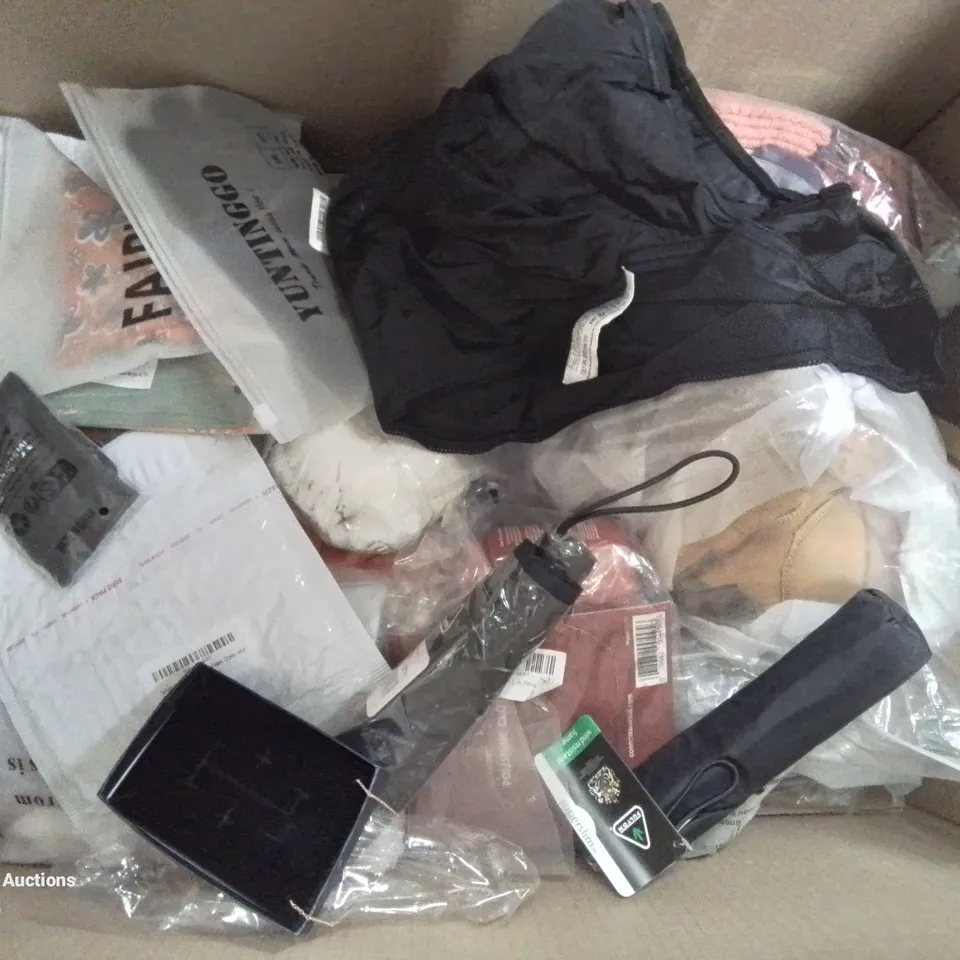 BOX CONTAINING LARGE AMOUNT OF MIXED FASHION ITEMS, SILVER PLATE AND COSTUME JEWELLERY, CLOTHING ITEMS ETC.