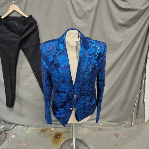 SLIKTAA BOYS 2-PIECE SUIT – BLUE BROCADE JACKET WITH BEIGE LINING & BLACK TROUSERS